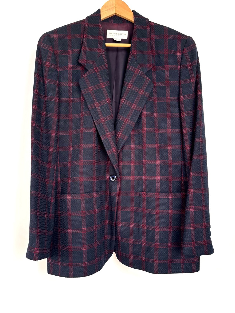Vintage 1980’s Oversized Navy & Red Window Pane Plaid Liz Claiborne Wool Blazer